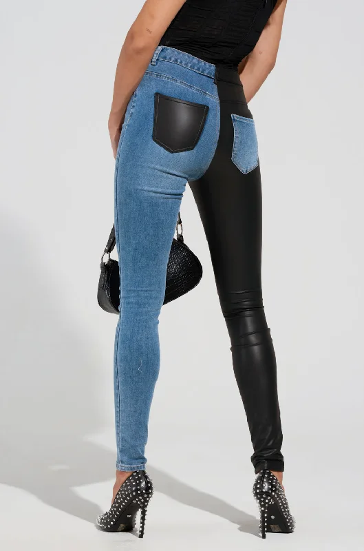 FLEX FIT EXTREME STRETCH HALF AND HALF PU HIGH WAIST SKINNY JEAN Comfortable Folded Hem Jeans FLEX FIT EXTREME STRETCH HALF AND HALF PU HIGH WAIST SKINNY JEAN Comfortable Folded Hem Jeans