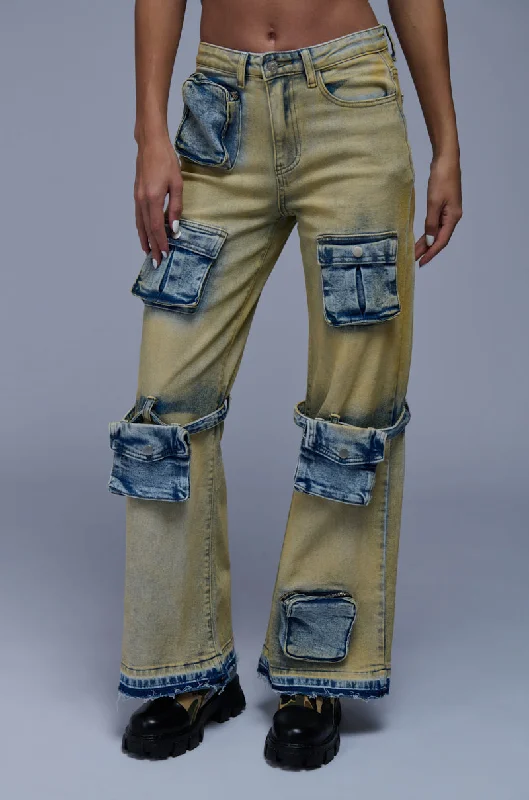 IGGY CARGO POCKET WIDE LEG JEAN Trendy Bootcut High-Waisted Jeans
