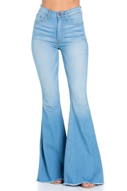 Logan Bell Bottom Jean in Light Blue -Inseam 32 Fashionable Raw Hem Bootcut Jeans