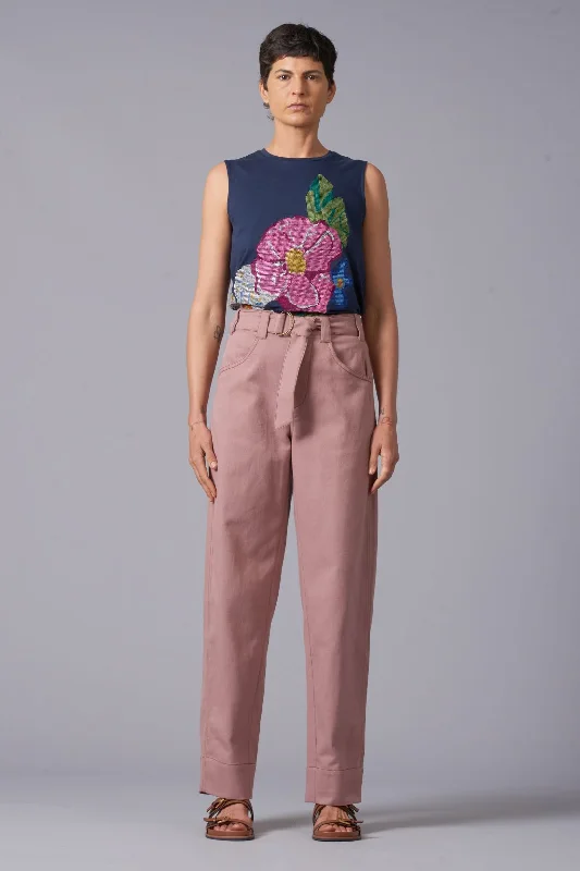 Twill Belted Jean - Rose Trendy Pleated Waist Jeans
