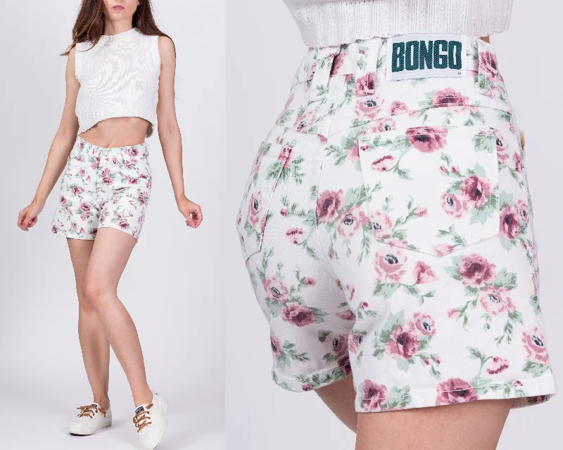 Vintage Bongo High Waisted Floral Jean Shorts - Petite Extra Small, 24" Chic Faded Blue Jeans Vintage Bongo High Waisted Floral Jean Shorts - Petite Extra Small, 24" Chic Faded Blue Jeans