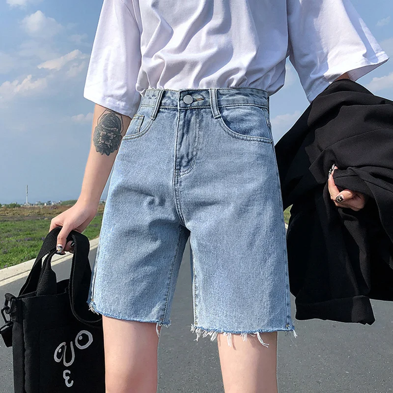 Women Loose Retro Raw Edge Straight Jean Wide Leg Denim Shorts Elegant Bootcut Fit Jeans