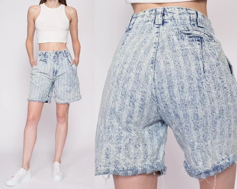 XS 80s Acid Wash Striped Jean Shorts 25" Stylish Shredded Denim Jeans