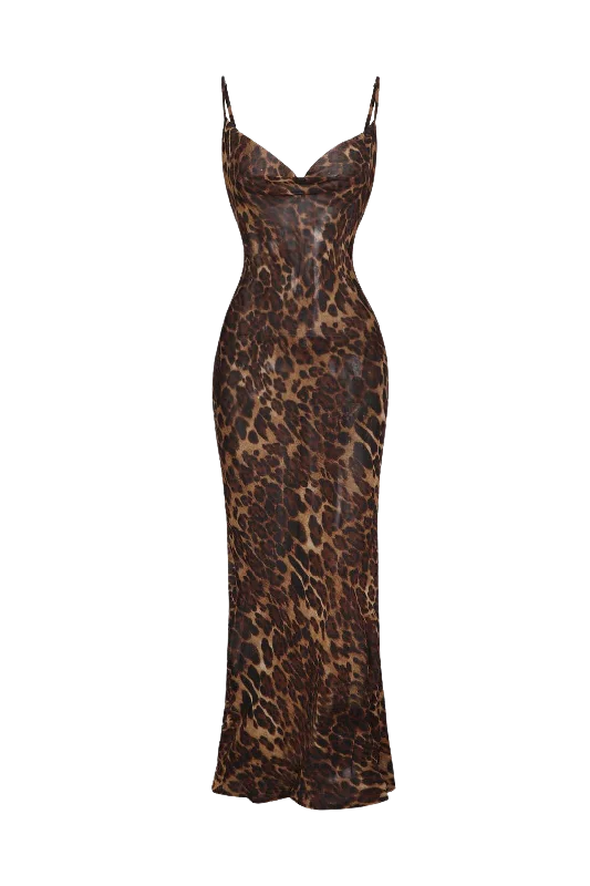 A&A Mesh Sheer Leopard Print Bodycon Maxi Dress Stylish One-Shoulder Maxi Dress