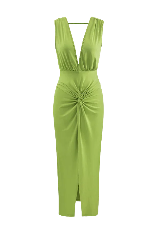A&A Summer Ruched Backless V Slit Women Bodycon Maxi Dress Fashionable Button-Down Maxi Dress