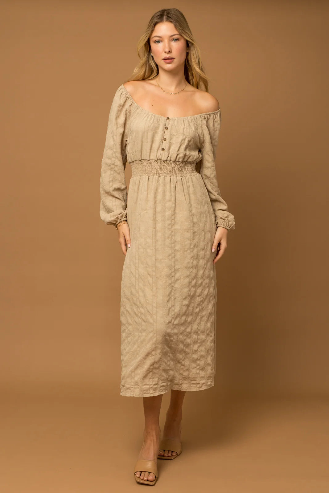 Boho Textured Long-Sleeve Smocked-Waist Maxi Dress Trendy Floral Print Maxi Dress