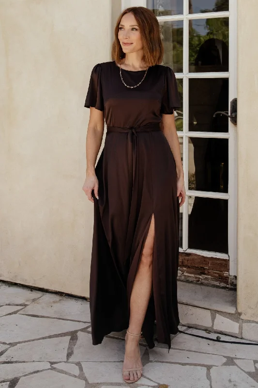 Agnes Satin Maxi Dress | Espresso Comfortable Long-Sleeve Maxi Dress