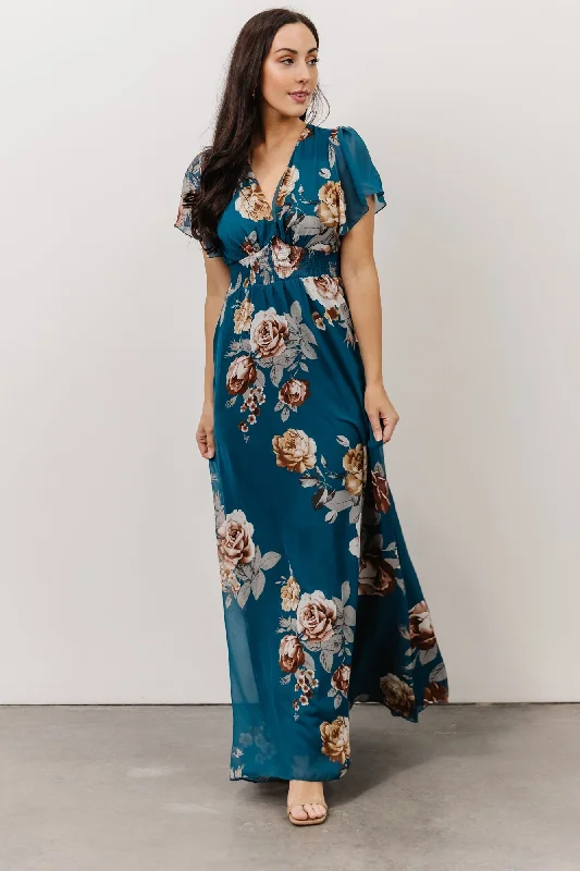 Alexandria Smocked Maxi Dress | Blue Floral Cozy Wrap Maxi Dress