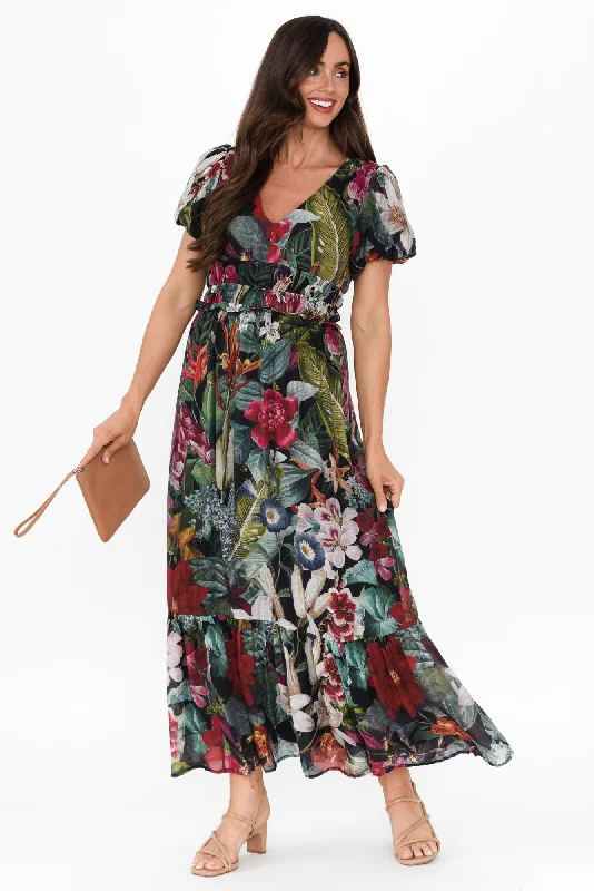 Ally Green Floral Maxi Dress Stylish Maxi Dress with Pleats