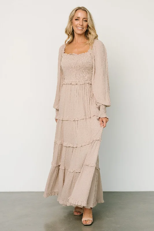 Amanda Smocked Dotted Maxi Dress | Beige Trendy A-Line Maxi Dress