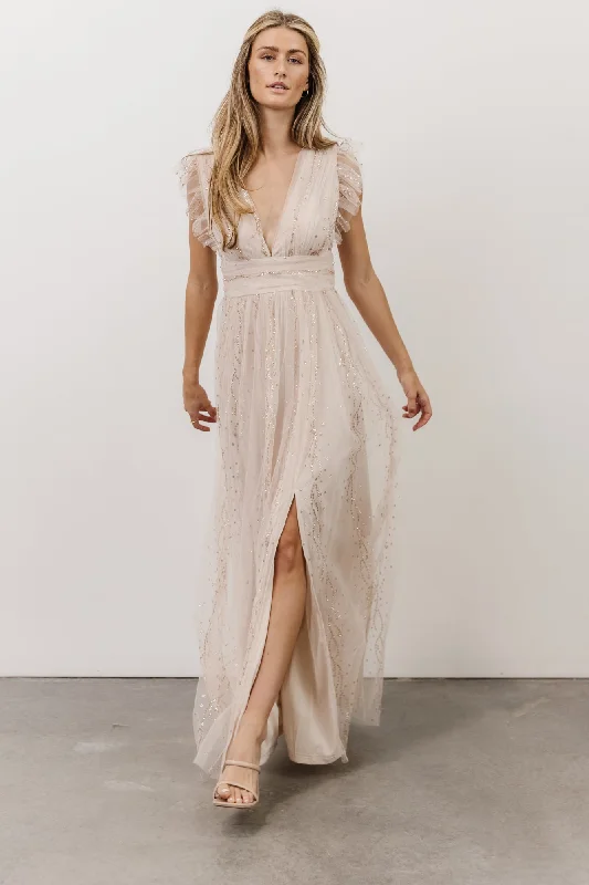Annika Sequin Mesh Maxi Dress | Nude Blush Elegant Maxi Dress with Ruffles
