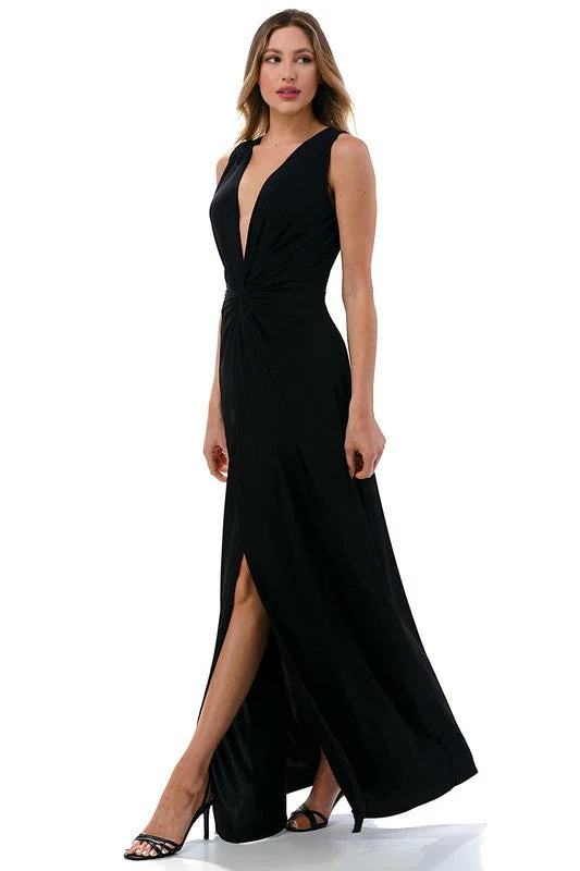 Ariella Twist Front Plunging Neckline Maxi Dress Cozy Knitted Maxi Dress