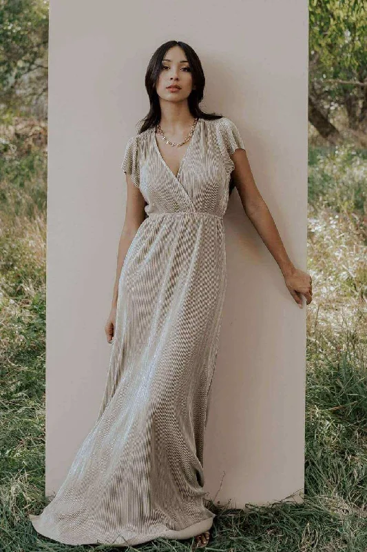 Athena Pleated Maxi Dress | Gold Fashionable Layered Maxi Dress