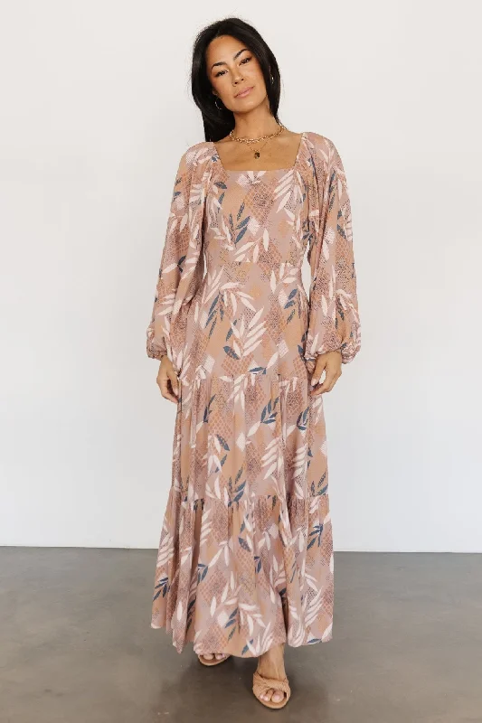 Barbara Maxi Dress | Dusty Mauve Print Elegant Tiered Maxi Dress