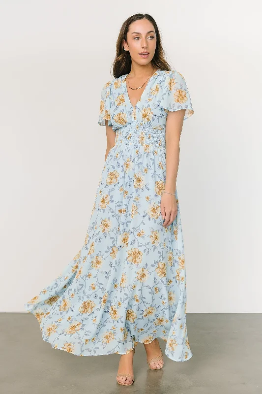 Birdie Maxi Dress | Light Blue Floral Elegant Maxi Dress with Pockets