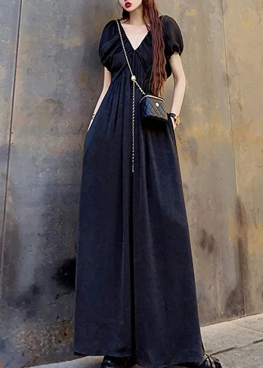Black Wrinkled Pockets Patchwork Cotton Maxi Dresses V Neck Short Sleeve Cozy Open-Back Maxi Dress Black Wrinkled Pockets Patchwork Cotton Maxi Dresses V Neck Short Sleeve Cozy Open-Back Maxi Dress