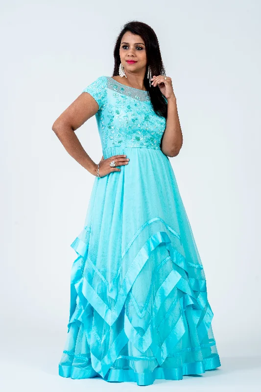 Blue Asymmetrical Soft Net Hand Embroidered Maxi Dress Stylish Longline Maxi Dress