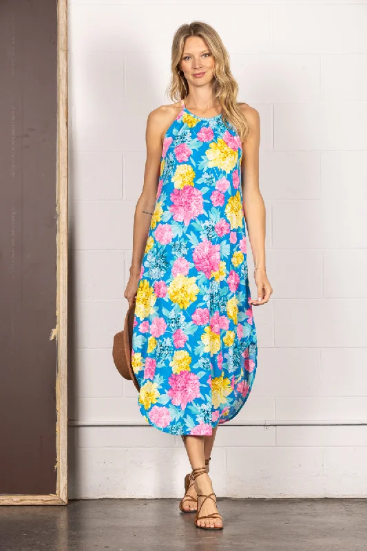 BLUE FLORAL PRINT HALTER SLEEVELESS MAXI DRESS VL5663 Cozy Wrap Maxi Dress