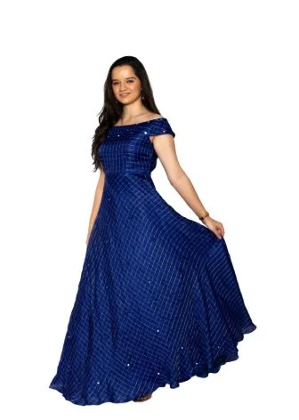 Blue Mirror Work With Gold Embroidered Off Shoulder Maxi Dress Chic Sleeveless Maxi Dress