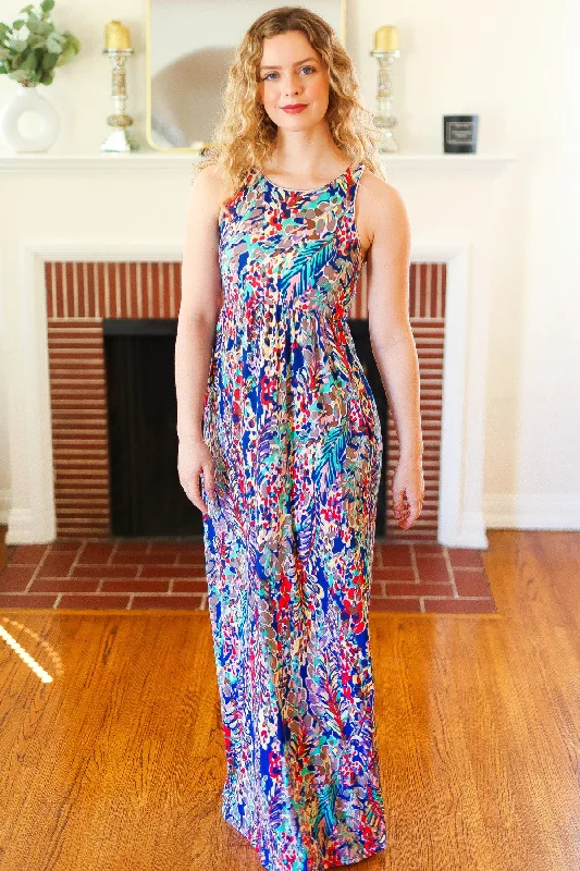 Blue Vibrant Print Pocketed Maxi Dress Chic Button-Up Maxi Dress