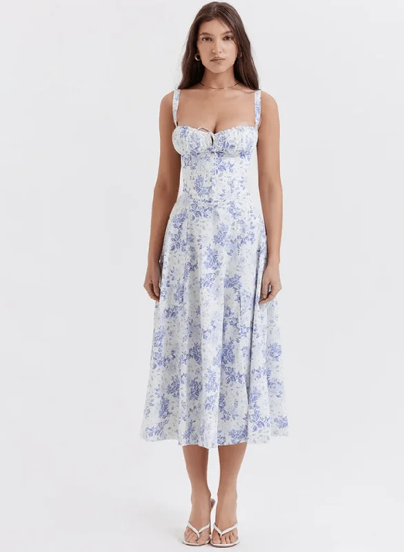 Blue & White Floral Evening Maxi Dress Fashionable Asymmetrical Maxi Dress