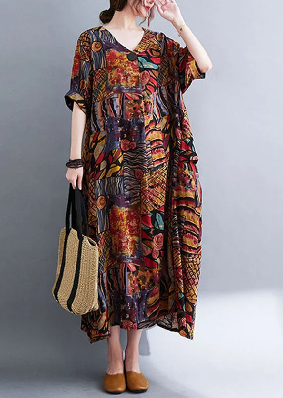 Bohemian Colorblock V Neck Print Cotton Maxi Dresses Short Sleeve Trendy Maxi Dress with Bow
