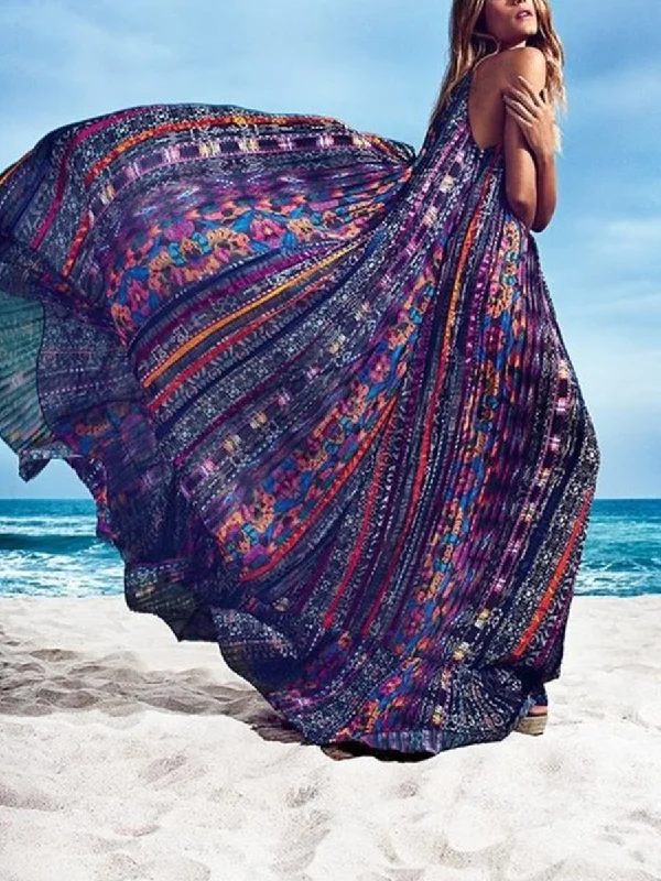 Bohemian Print Strap Pendulum Women's Maxi Dress Fashionable Chiffon Maxi Dress