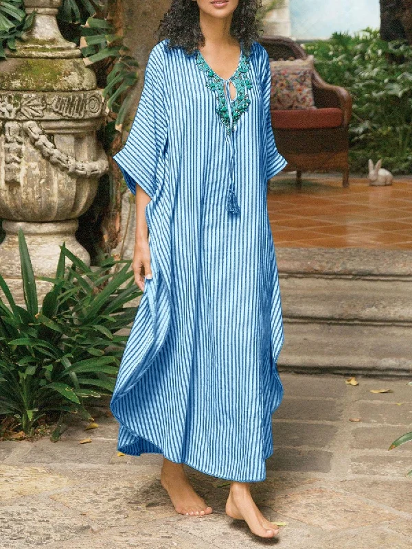 Bohemian Vintage Loose Casual Striped Maxi Dress Cozy Knitted Maxi Dress