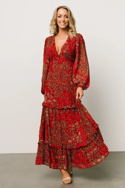Bowman Deep V Maxi Dress | Red Multi Stylish Pleated A-Line Maxi Dress