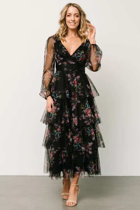 Carolina Tulle Tiered Maxi Dress | Black Floral Stylish Maxi Dress with Pleats