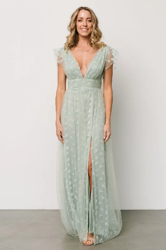 Caterina Tulle Maxi Dress | Sage Comfortable Maxi Dress with Belt
