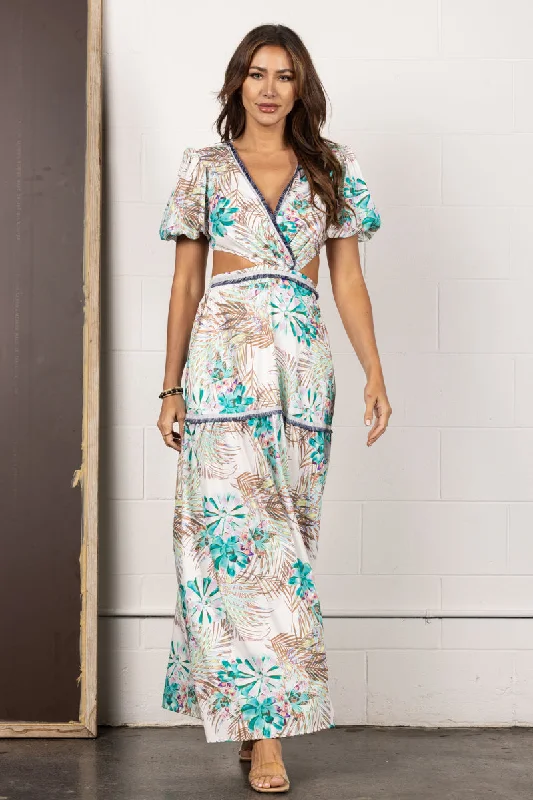 GREEN PUFF SLEEVE  CUT-OUT WAIST MAXI DRESS CD10592 Comfortable Bohemian Maxi Dress