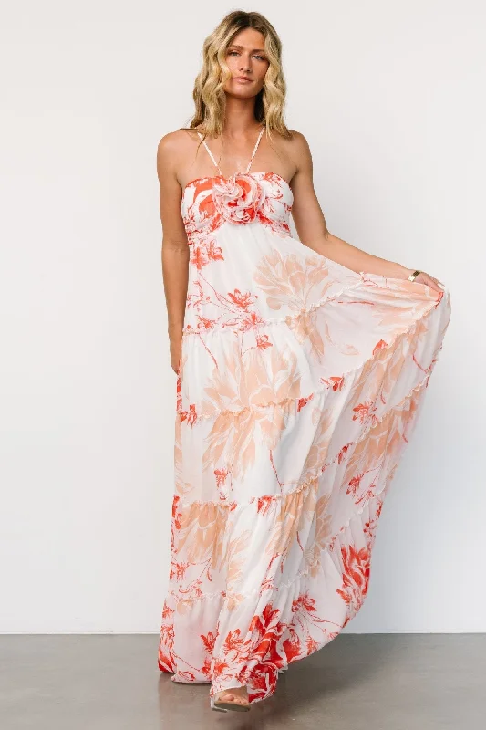 Charmaine Maxi Dress | Red + Natural Floral Stylish Maxi Dress with Pleats