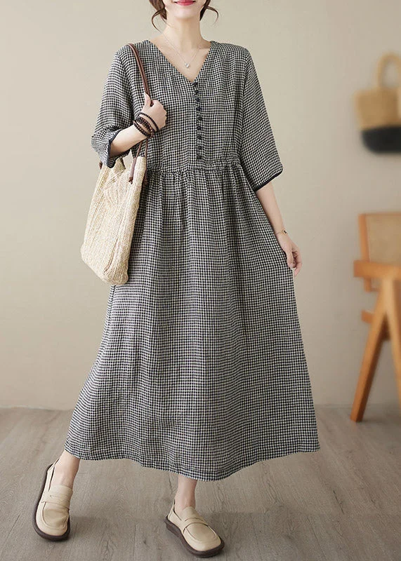 Chic V Neck Plaid Patchwork Button Linen Maxi Dresses Summer Trendy A-Line Maxi Dress Chic V Neck Plaid Patchwork Button Linen Maxi Dresses Summer Trendy A-Line Maxi Dress