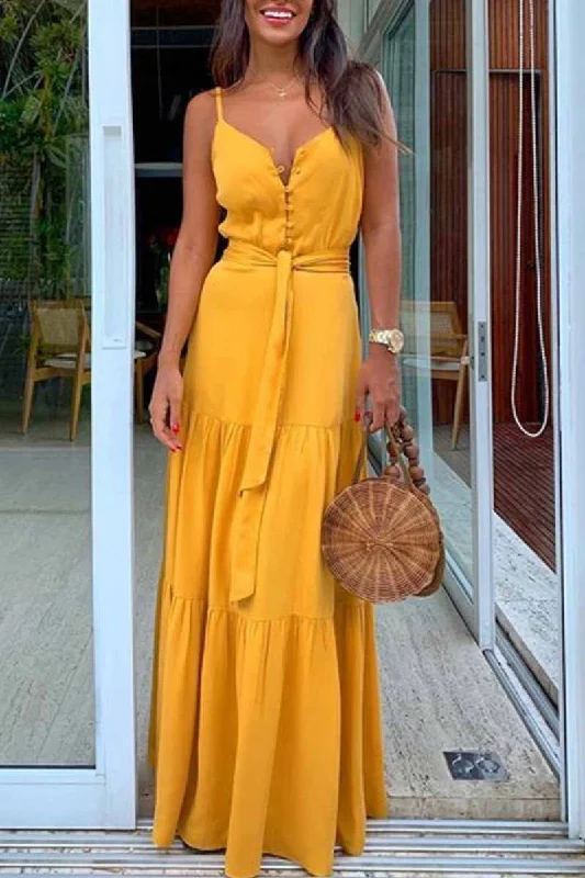 CityHottie Button V-Neck Maxi Dress With Belt(3 Colors) Stylish Pleated A-Line Maxi Dress CityHottie Button V-Neck Maxi Dress With Belt(3 Colors) Stylish Pleated A-Line Maxi Dress
