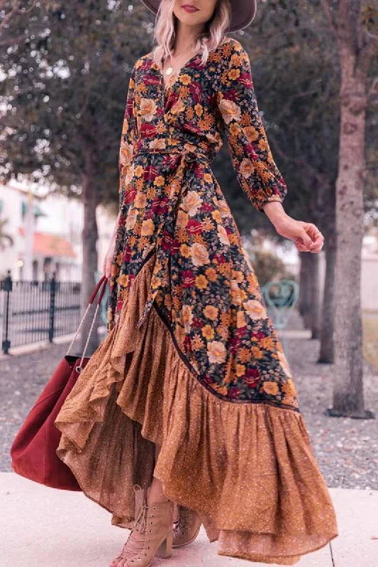 CityHottie Long Sleeve Print Retro Long Maxi Dress Cozy Longline Maxi Dress