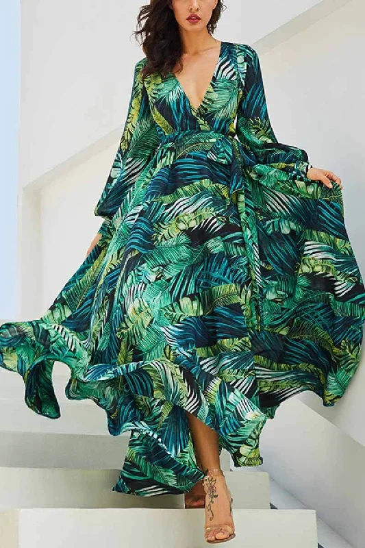 CityHottie V-Neck Leaf Print Maxi Dress Elegant Pleated Maxi Dress