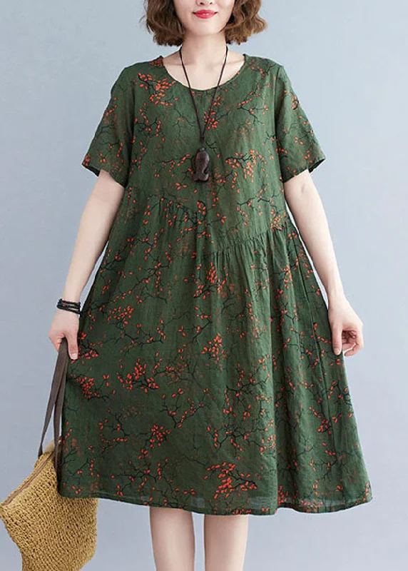 Classy Blackish Green O-Neck Wrinkled Print Cotton Maxi Dresses Short Sleeve Elegant Floral Maxi Dress