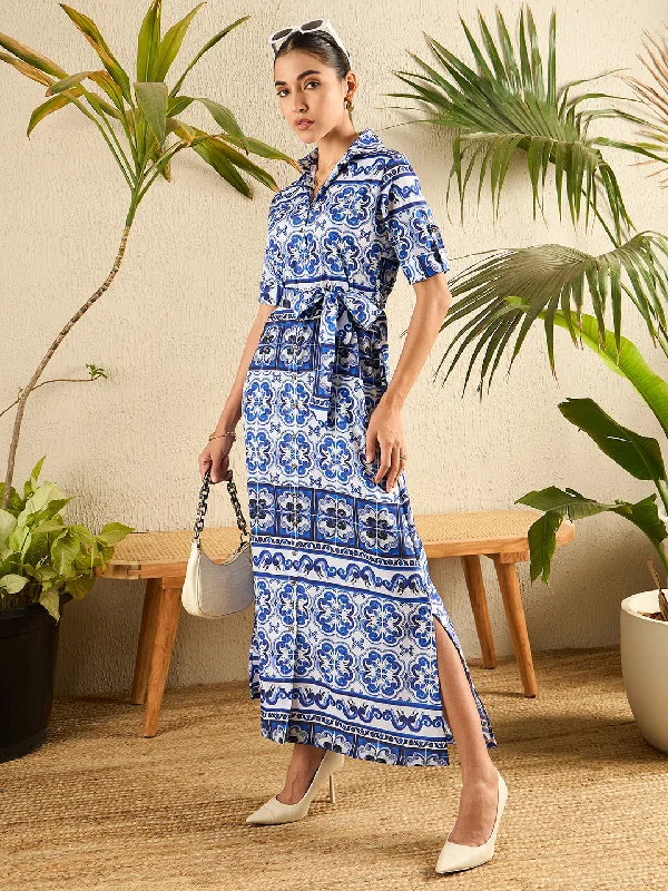 Collar Buttoned Down Printed Shirt Maxi Dress Stylish Maxi Dress with Frills