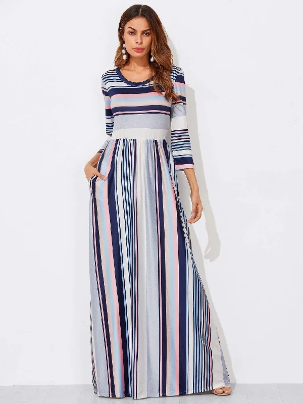 Colorblock Stripe Smock Maxi Dress Comfortable Cotton Maxi Dress