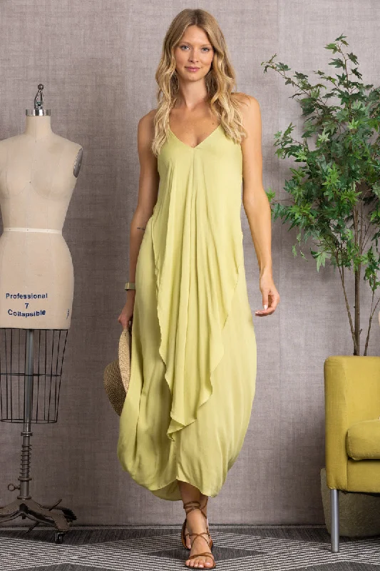 GREEN DEEP V-NECK RUFFLED MAXI DRESS-ND30864 Stylish A-Line Maxi Dress