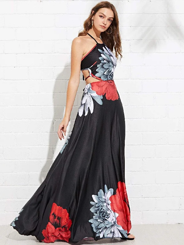 Cross Back Floral Maxi Dress Stylish Off-Shoulder Maxi Dress