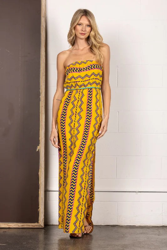 YELLOW AZTEC PRINT STRAPLESS TUBE MAXI DRESS D1505 Fashionable Button-Down Maxi Dress YELLOW AZTEC PRINT STRAPLESS TUBE MAXI DRESS D1505 Fashionable Button-Down Maxi Dress