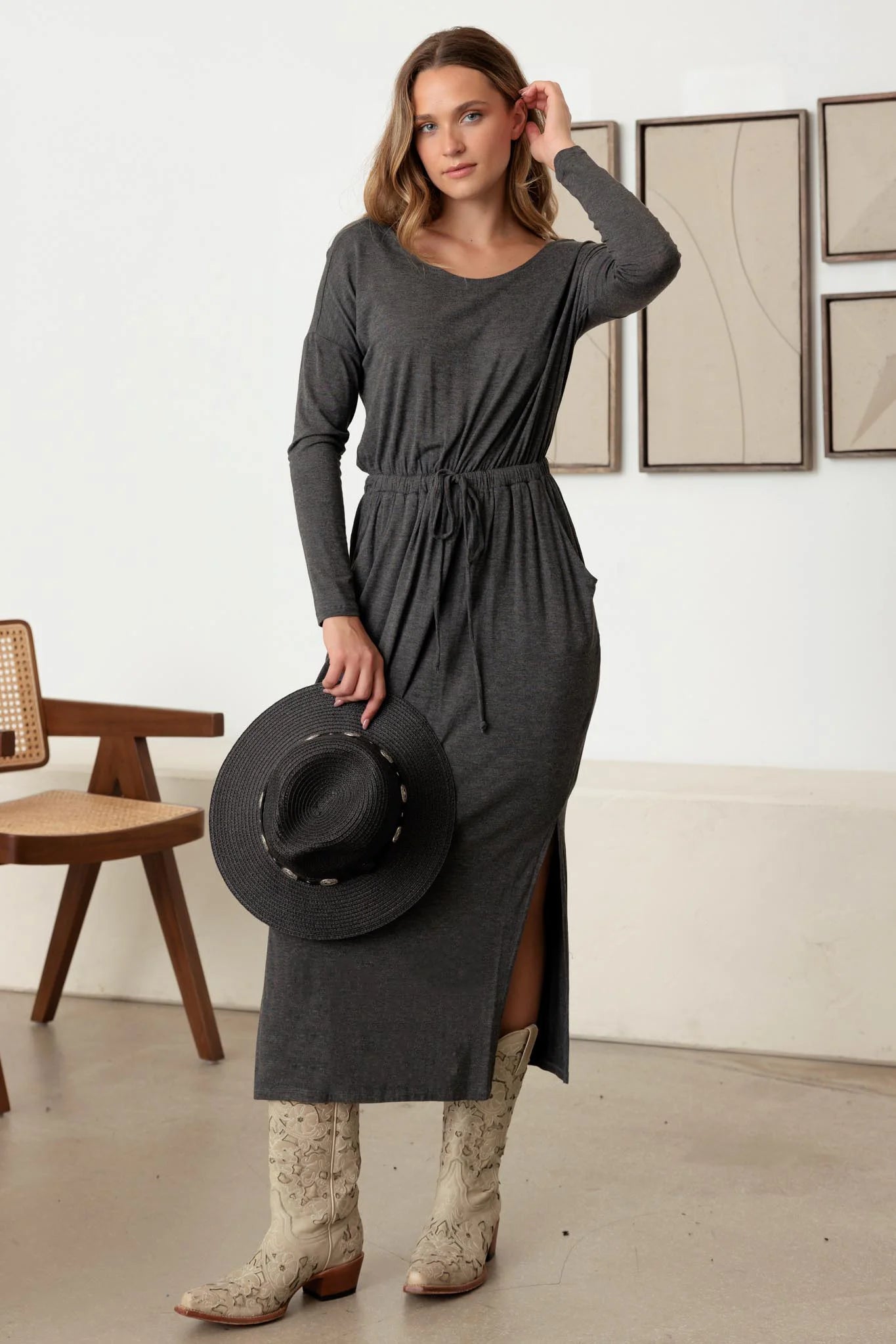 Belted Long Sleeve Side Slit Basic Maxi Dress Trendy Printed Maxi Dress