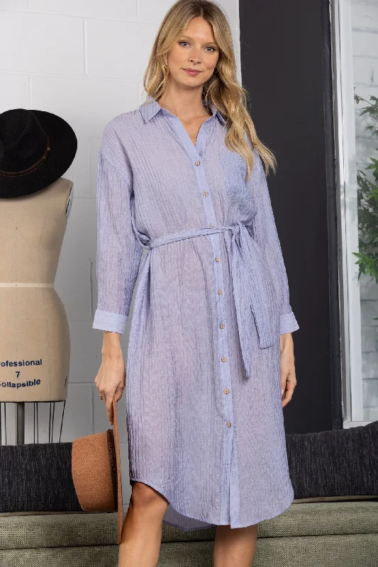 DUSTY BLUE COLLARED LINEN LONG SLEEVES MAXI DRESS-D9287 Elegant Lace Maxi Dress
