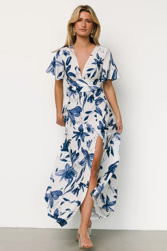 Dina Maxi Dress | White + Blue Floral Cozy Ribbed Maxi Dress
