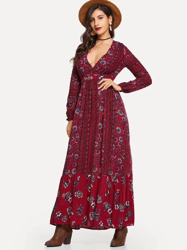 Ditsy Floral Plunge Neck Ruffle Hem Maxi Dress Classic Strapless Maxi Dress