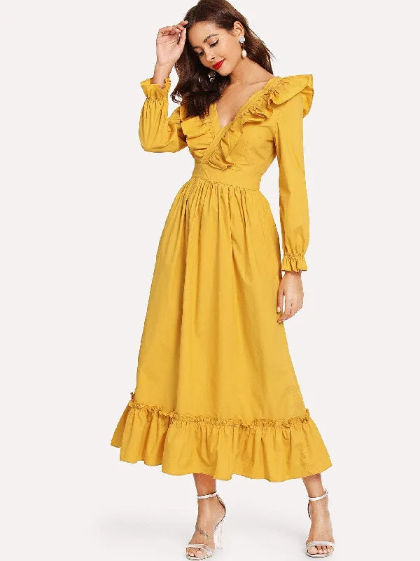 Double V Neck Surplice Ruffle Maxi Dress Elegant Silk Maxi Dress