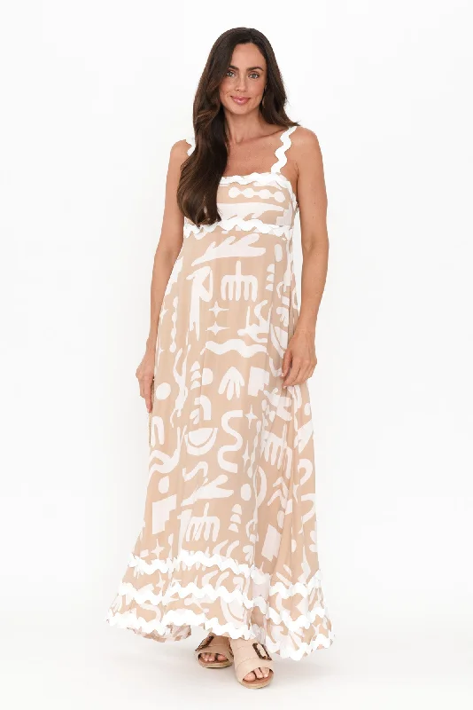 Eda Beige Abstract Maxi Dress Cozy Cold-Shoulder Maxi Dress