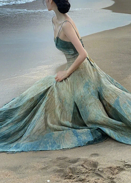 Elegant Blue Slash Neck Tie Dye Spaghetti Strap Maxi Dress Sleeveless Chic Off-Shoulder Maxi Dress